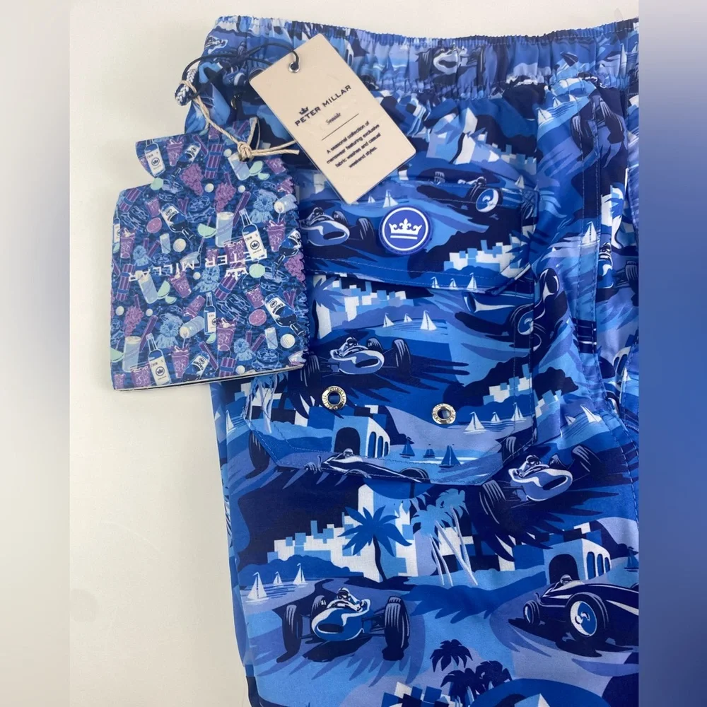 NWT Peter Millar Seaside Monaco Madness ATL Blue w/Koozie Swim Trunks Suit $98